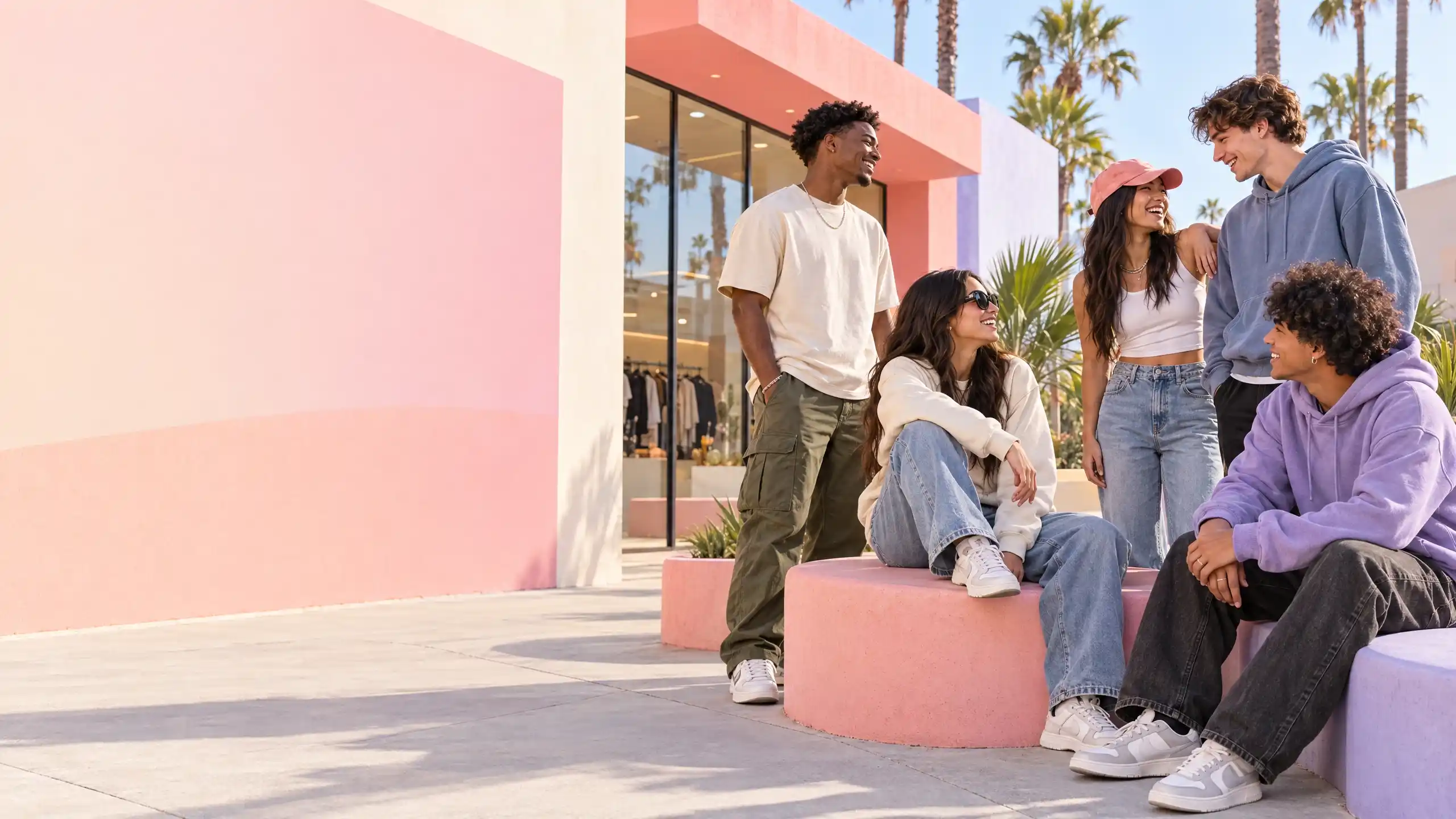 A diverse group of friends connecting outside a contemporary boutique