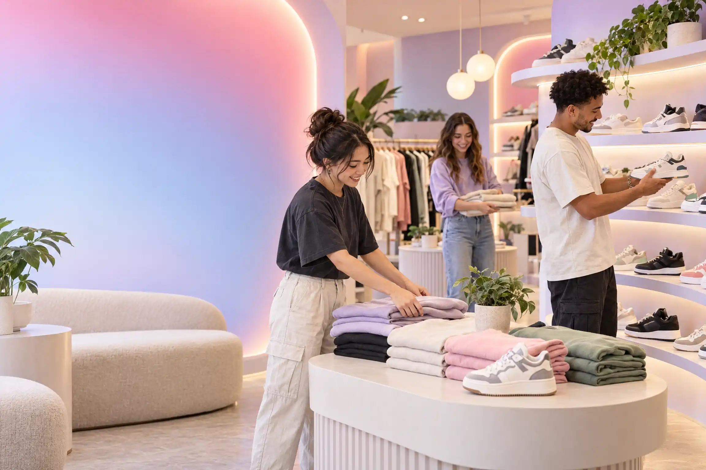 Team members arranging sneakers and clothing inside a modern boutique