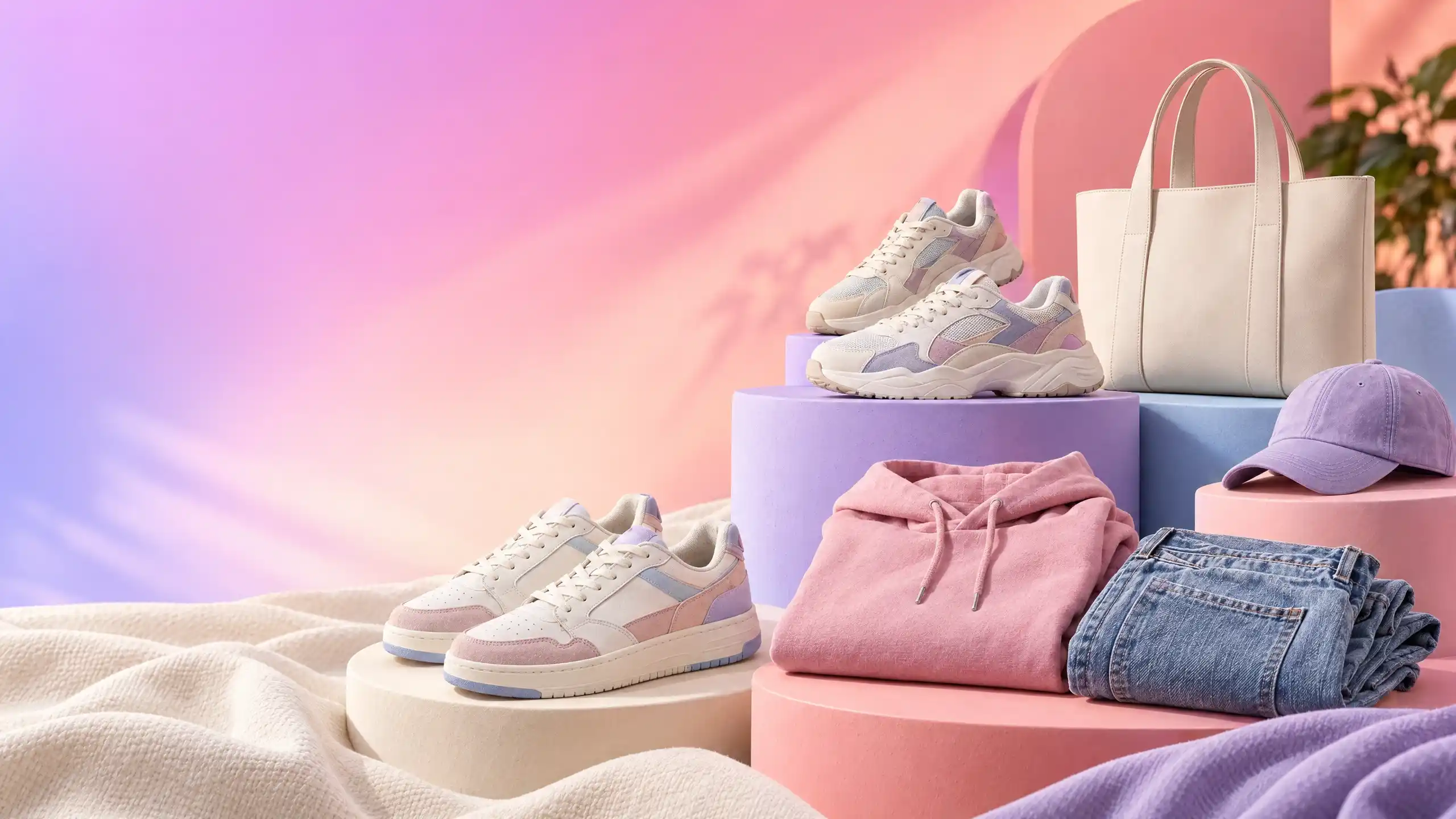 Sneakers and clothing arranged in a curated editorial display