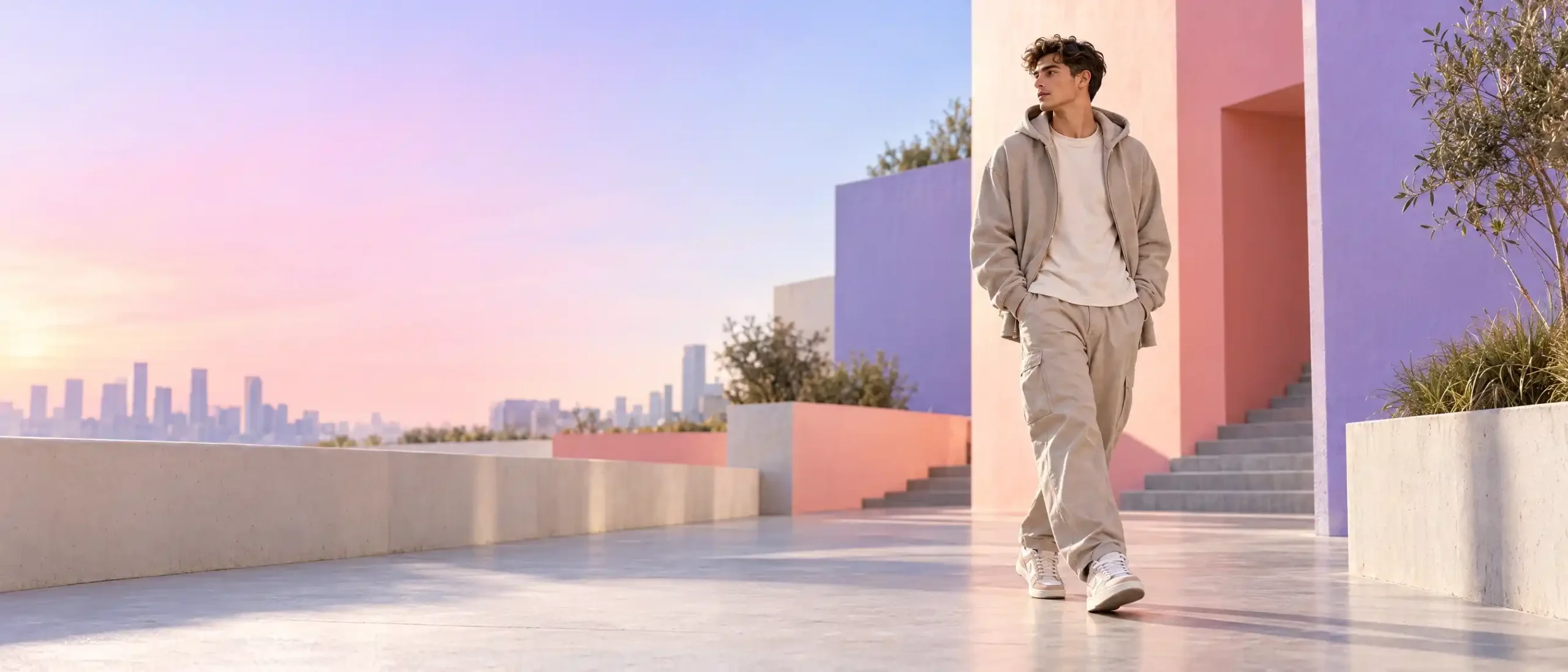 Friends in modern streetwear spending time together outside a boutique